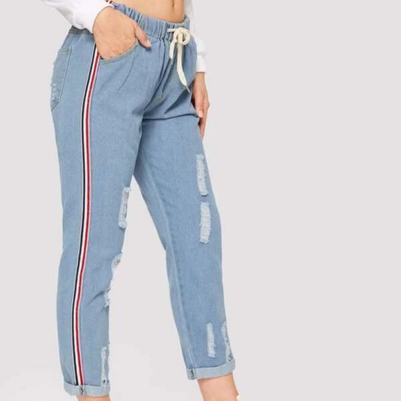 SHEIN Women's Cuffed Ripped Straight Leg Drawstring Jeans